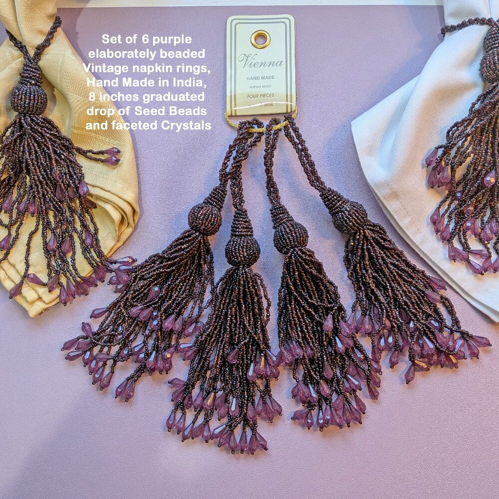 Set of 6 purple lushly beaded VTG napkin rings, Hand Made in India, 8" length